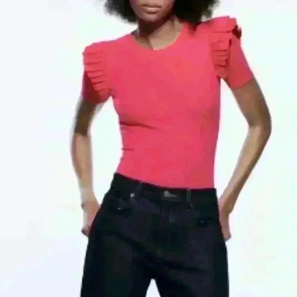 Zara Ruffle Sleeve Hot Pink Bodysuit Barbie Barbiecore size S Crew neck - Picture 6 of 11